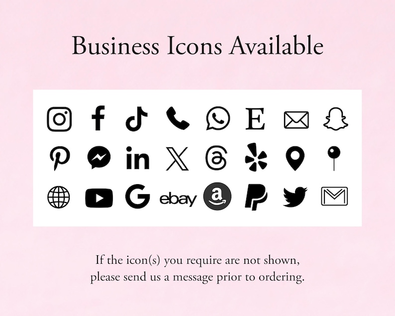 K&ouml;nnte beinhalten: Eine Sammlung schwarzer Social-Media- und Business-Symbole, die in einem Raster auf wei&szlig;em Hintergrund angeordnet sind. Der Text Business Icons Available steht oben, und der Text If the icon(s) you require are not shown, please send us a message prior to ordering steht unten.