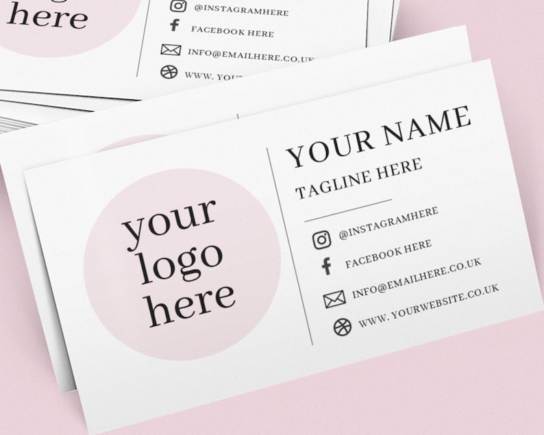 K&ouml;nnte beinhalten: Eine wei&szlig;e rechteckige Visitenkarte mit einem blassrosa Kreis auf der linken Seite und dem schwarzen Text 'your logo here'. Die rechte Seite zeigt 'YOUR NAME', 'TAGLINE HERE' sowie Social-Media-Symbole mit Platzhaltern f&uuml;r die Kontaktdaten.