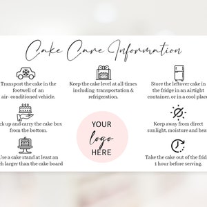 Peut inclure: Une carte rectangulaire blanche intitul&eacute;e Cake Care Information avec du texte et des ic&ocirc;nes noirs. Elle fournit des instructions pour le transport, le stockage et le service des g&acirc;teaux, avec un cercle rose central pour votre logo.