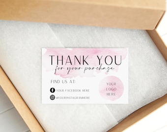 Printed Thank You Business Cards - Personalised with Logo and Social Media - Pink Watercolour