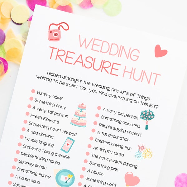 Printed Wedding Treasure Hunt Game - Childrens Wedding Activity Cards - Kids Wedding Fun - Wedding Scavenger Hunt Game, Printed Cards