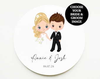 Wedding Stickers - Custom Printed Wedding Stickers with Bride & Groom Image and Names - For Wedding Favours, Sweet Bags, Invitations - 37mm