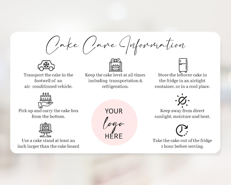 Peut inclure: Une carte rectangulaire blanche intitul&eacute;e Cake Care Information avec du texte et des ic&ocirc;nes noirs. Elle fournit des instructions pour le transport, le stockage et le service des g&acirc;teaux, avec un cercle rose central pour votre logo.