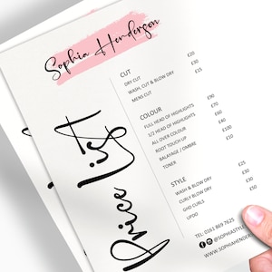 Liste de prix pour salons, coiffeurs, coiffeurs et maquilleurs, esthéticiennes, poseurs de ongles - roses imprimées et personnalisées