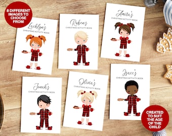 May include: A collection of personalized Christmas activity books. Each book features a child illustration in red plaid pajamas holding cookies and a mug. The books are labeled with names like Lachlyn's, Ruben's, and Olivia's. The text says "8 different images to choose from."