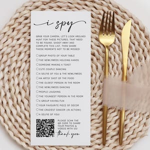 Gedrucktes Ich Spion Hochzeitsfotospiel mit QR Code - Schnitzeljagd Bilderspiel - QR Code Hochzeitsfotografie Karten - Personalisiertes Hochzeitsspiel