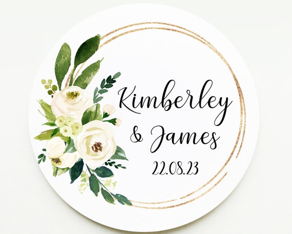 Personalised Ivory Cream Wedding Stickers Greenery Floral Wreath Sticker  for Wedding Favours, Invitations, Sweet Bags and More 