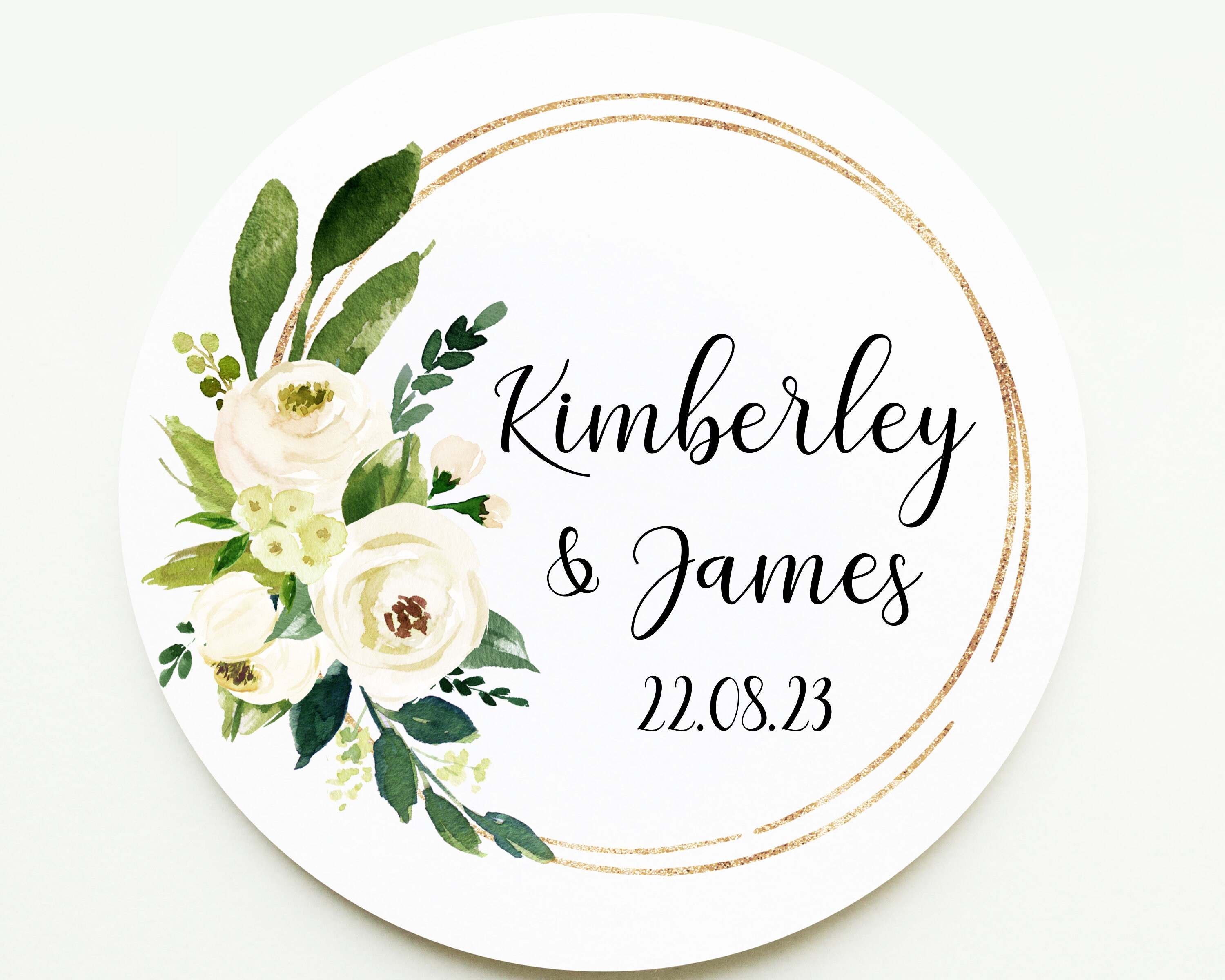 Gepersonaliseerde Ivory Cream Wedding Stickers Groen Bloemenkrans