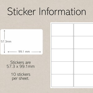 Peut inclure: Une feuille de 10 &eacute;tiquettes rectangulaires blanches aux coins arrondis. Le texte indique Sticker Information et 10 stickers per sheet. Chaque &eacute;tiquette mesure 57,3 mm sur 99,1 mm, comme indiqu&eacute; par les fl&egrave;ches de dimension sur le sch&eacute;ma.