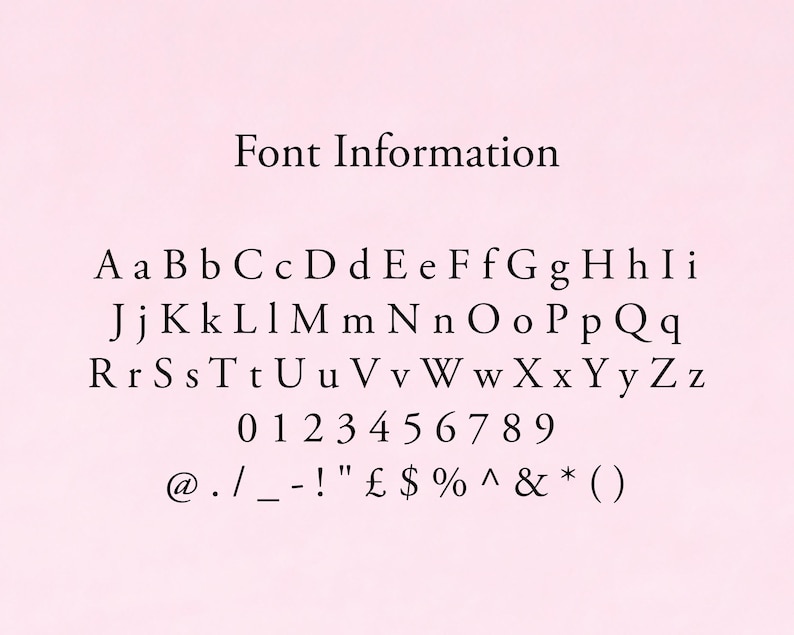 K&ouml;nnte beinhalten: Eine Schriftarten-Informationstabelle auf hellrosa Hintergrund. Der Text enth&auml;lt das Alphabet in Gro&szlig;- und Kleinbuchstaben von A bis Z, die Zahlen 0 bis 9 sowie Symbole wie @, ., /, _, -, !, &pound;, $, %, ^, &, *, ( und ).