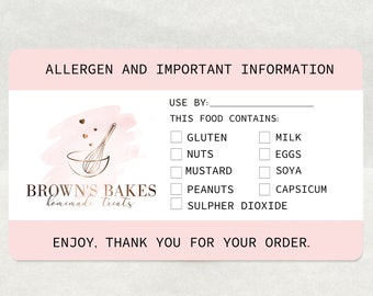 Allergen, Verwendung durch Aufkleber Tortenbox Allergieinformationen - Lebensmittelallergie Etiketten für Kuchen, Bäcker, Brownie, Personaised Business Logo
