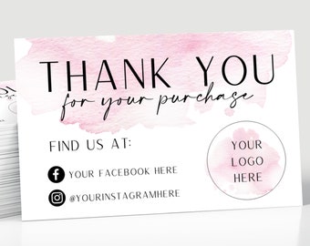 Pink Thank You For Your Purchase Business Cards, printed with your logo on and social media information. Personalised thank you cards