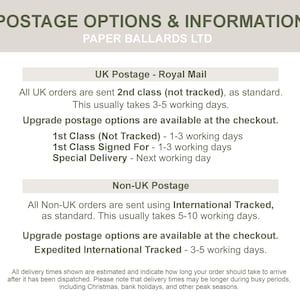 K&ouml;nnte beinhalten: Ein wei&szlig;es Hinweisschild mit dem Titel POSTAGE OPTIONS & INFORMATION von PAPER BALLARDS LTD. Der Text beschreibt den Versand innerhalb Gro&szlig;britanniens per Royal Mail, einschlie&szlig;lich 2nd Class, 1st Class und Special Delivery, sowie internationale Versandoptionen.