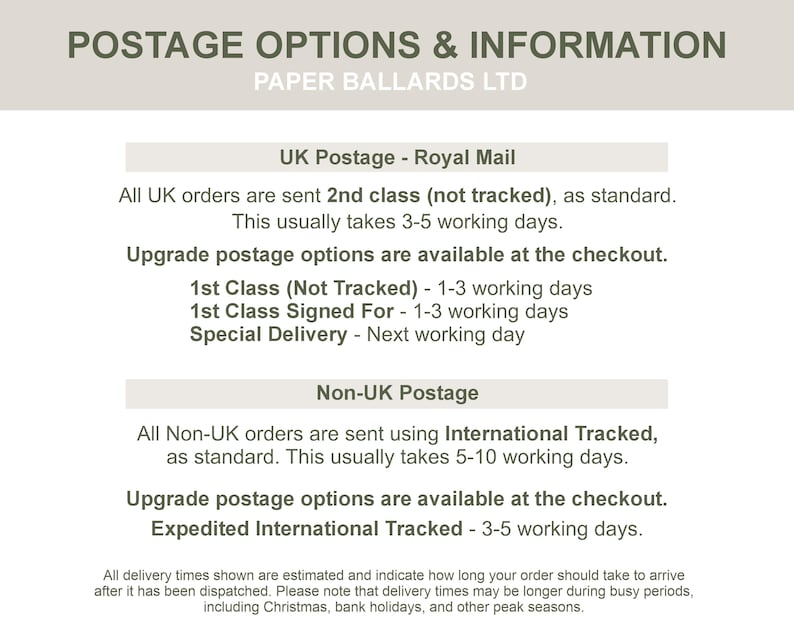 K&ouml;nnte beinhalten: Ein wei&szlig;es Hinweisschild mit dem Titel POSTAGE OPTIONS & INFORMATION von PAPER BALLARDS LTD. Der Text beschreibt den Versand innerhalb Gro&szlig;britanniens per Royal Mail, einschlie&szlig;lich 2nd Class, 1st Class und Special Delivery, sowie internationale Versandoptionen.