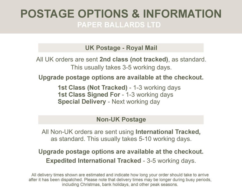 Peut inclure: Un panneau d'information blanc intitul&eacute; POSTAGE OPTIONS & INFORMATION par PAPER BALLARDS LTD. Le texte d&eacute;taille les options d'exp&eacute;dition au Royaume-Uni via Royal Mail, y compris la 2e classe, la 1re classe et la livraison sp&eacute;ciale, ainsi que le suivi international.