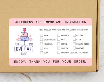 Personalised Allergen Stickers for Cakes - Large Allergy Information Stickers - Food Allergy Labels for Bakers, Caterers, Postal Bakes