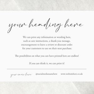Individuelle Visitenkarten zum Verpacken. Gedruckte Dankeskarten, Pflegekarten, Waschanleitung, Haare, Nägel, Wachsentnahme, Beauty, Kleidung.