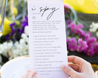 Printed Wedding I Spy Game Cards – Photo Checklist, Wedding Hashtag