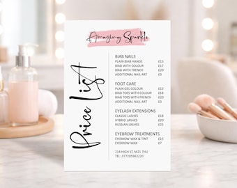 Personalized Salon Price List, Custom A5 Beauty Menu