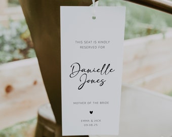 Reserved Seat Tags for Weddings. Designed, Personalised and Printed Wedding Ceremony Chair Tags.