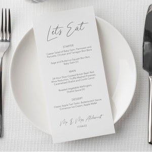 Menu de mariage imprimé Let's Eat - formulation personnalisée pour menus de mariage - carte de menu de mariage personnalisée - menu imprimé pour les mariages - minimaliste