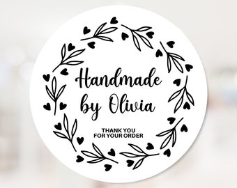 Custom Handmade By Stickers - Personalised Thank You for Your Order  Handmade With Love Stickers- Wreath Design - Homemade Product Stickers