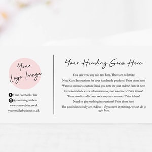 Cartes imprimées personnalisées pour les petites entreprises - Carte de remerciement pour petite entreprise, carte d'entretien, bordereau de compliments, instructions de lavage, cartes d'emballage