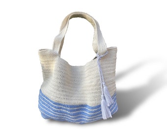 Blue and white crochet bag