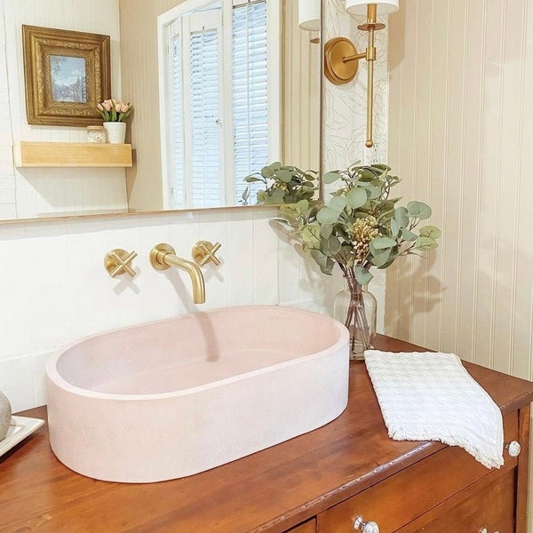 Pink Oval Concrete Bathroom Vessel Sink Wash Basin