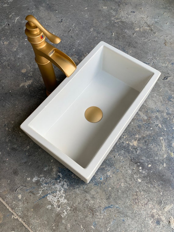 Small White Rectangle Concrete Sink Tiny Bathroom Vessel Wash Basin