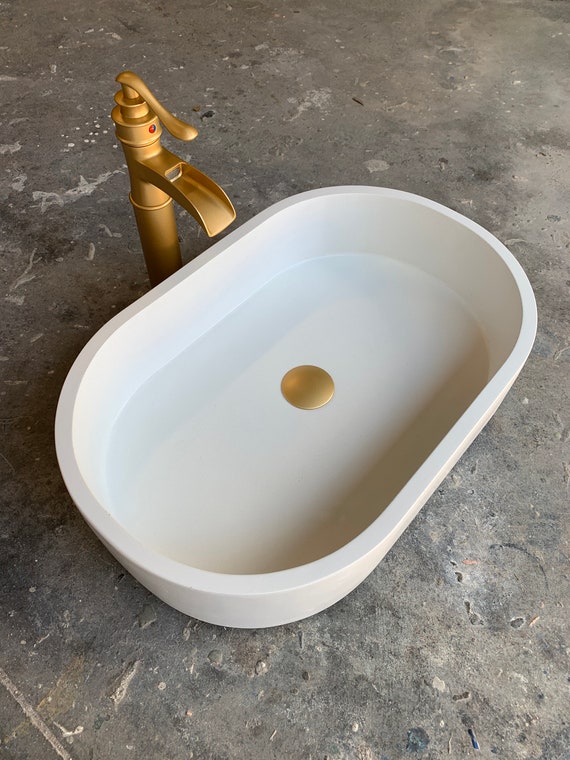 White Oval Concrete Bathroom Sink Vessel Wash Basin