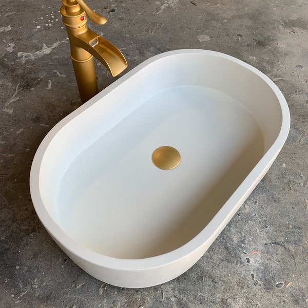 White Oval Concrete Bathroom Sink Vessel Wash Basin