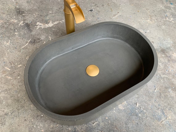 Dark Gray Oval Concrete Bathroom Sink Vessel Wash Basin