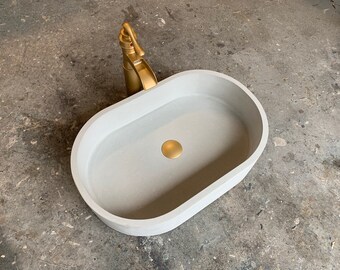 Light Gray Oval Concrete Bathroom Sink, Modern Vessel Wash Basin 23"