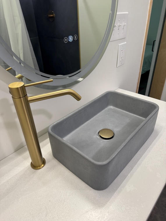 Gray Curved Rectangle Concrete Bathroom Sink Wash Basin