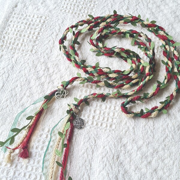 Handfasting Cord 8.5ft, Rustic Wedding, Unity Ribbon, Long Length, Maroon Cord, Green Leaf Trim, Celtic Handbinding, For Bride and Groom