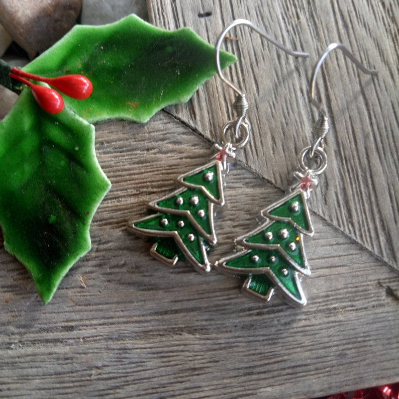 Festive Jewellery Green Enamel Charms Christmas Tree Earrings