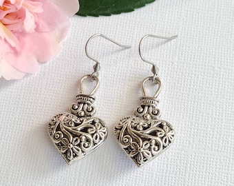 Heart Dangle Earrings: Filigree Hearts, Large Heart Jewellery