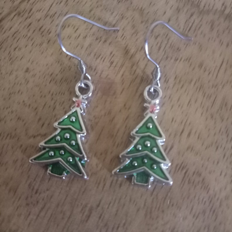 Festive Jewellery Green Enamel Charms Christmas Tree Earrings