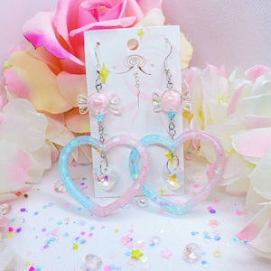 Sweet Lolita fairy kei pink and blue candy heart earrings