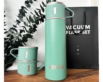 Edelstahl Isolierflasche Set mit 2 zusätzlichen Bechern | 500ml | Thermos Geschenk-Set