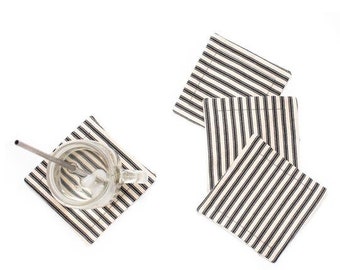 Black Striped Coaster Set | Ticking Fabric | Stripes | Drink Holder | Barware | Tableware | Home Decor | Striped Coaster Set