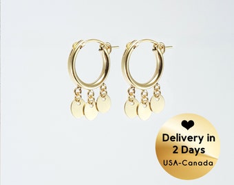 Coin Hoop Earrings, Gold Filled Hoop Earrings, Disc Hoop Earrings, Gold Filled Earrings, Dangling Disc Gold Hoops, Small Gold Hoop Earring