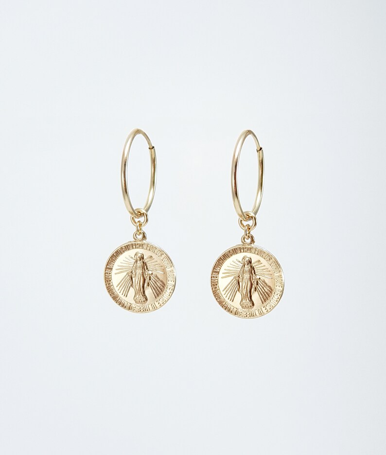Virgin Mary Medallion Hoop Earrings / Gold Filled Earrings / Etsy