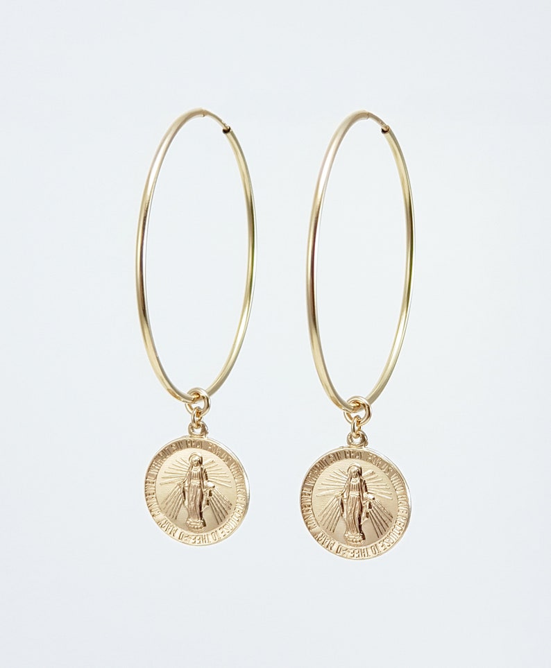 Virgin Mary Medallion Hoop Earrings / Gold Filled Earrings / Etsy