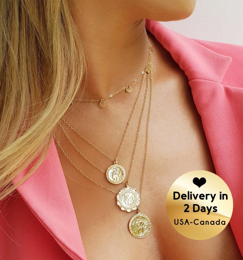 Gold Coin Necklace Saint Christopher Pendant Etsy