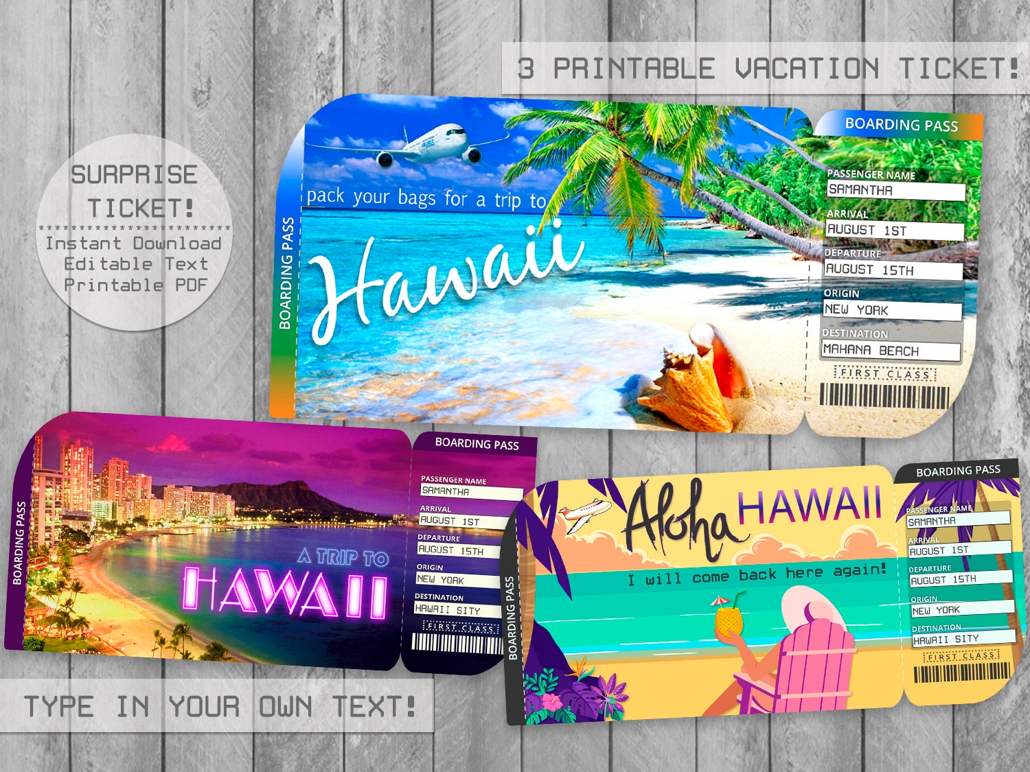 Hawaii Trip Ticket Printable Boarding Pass Surprise Vacation Etsy
