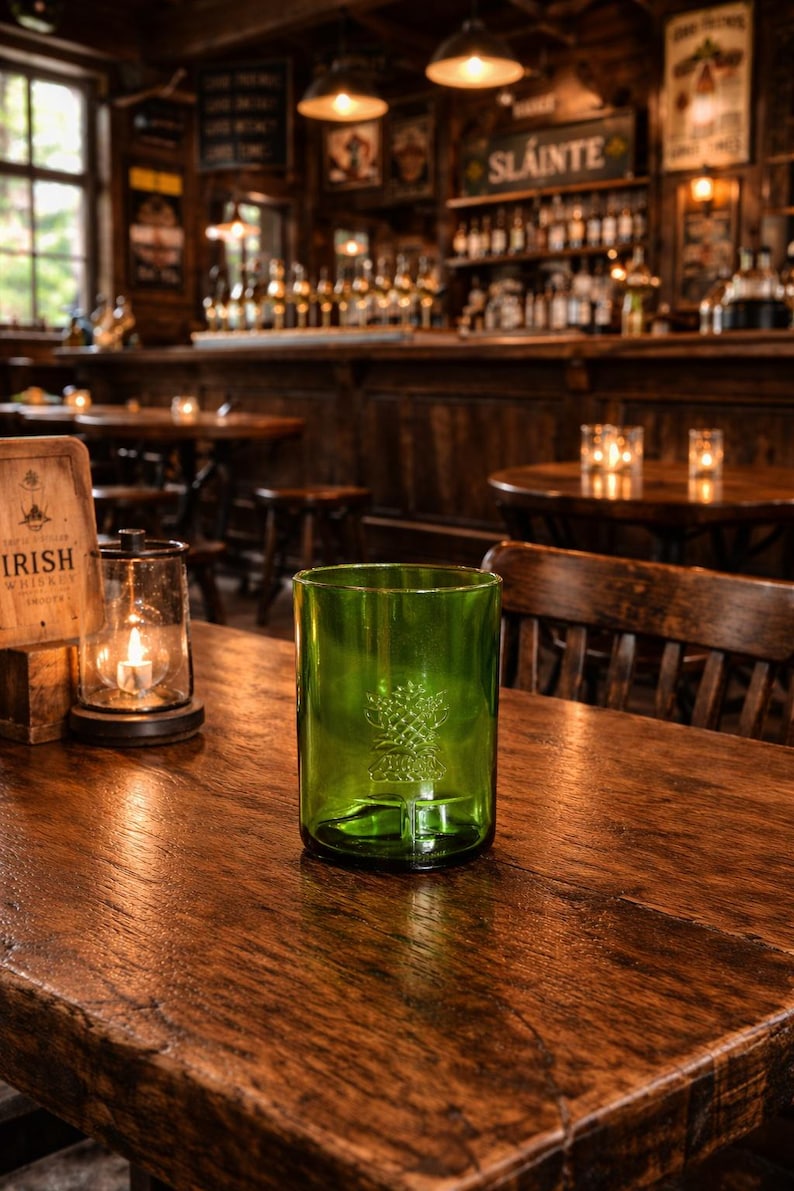 May include: A green glass tumbler with a tree design etched on the front sits on a wooden table in a pub. The table is surrounded by wooden chairs and tables. A lit candle is in a glass lantern.