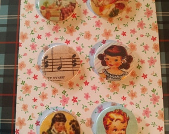 One Inch Flair Buttons. Set of 6 buttons. Flat Backs. Junk Journal Supplies.