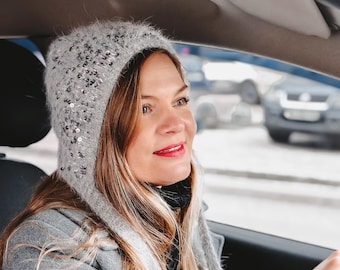 Hand Knit Angora Wool Bonnet, Winter Ear Flap Hat